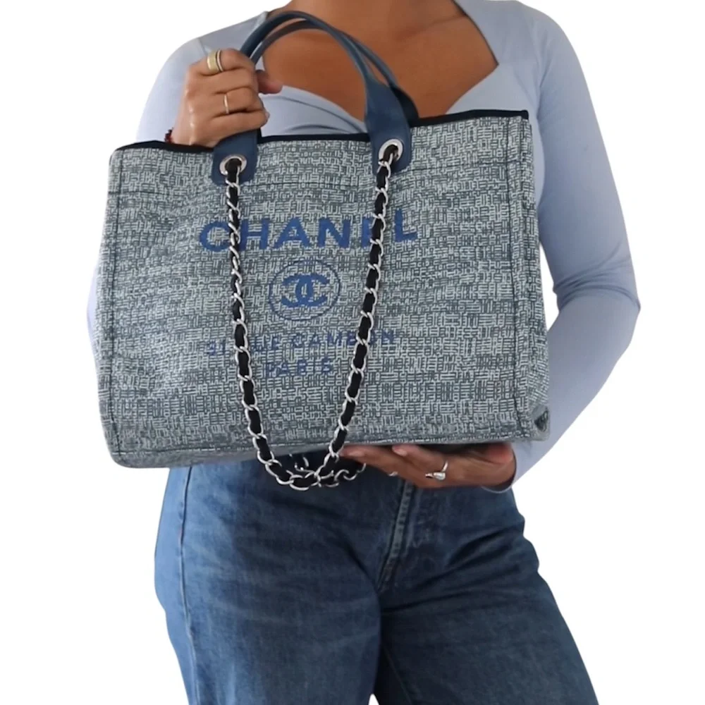 CHANEL Woven Straw Raffia Medium Deauville Tote Blue - Picture 2 of 11